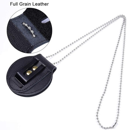 Wisdompro Police Badge Holder,Cowhide Leather Universal Police Badge Holder Pocket Case with Mn-Steel Belt Clip, Hook and Loop Closure and Stainless Bead Chain Necklace- Circle Shape