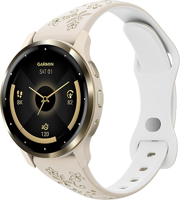 Laband 18mm Floral Engraved Band Compatible With Garmin Venu 3S 41mm/Venu 2S/Vivoactive 4S/Vivomove 3S/Venu 4 41mm/Forerunner 255S/Forerunner 265S,Soft Slim Silicone Cute Embossed Flower Strap for Men