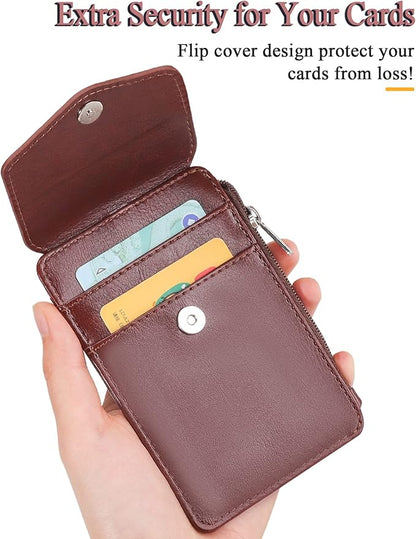 Teskyer Badge Holder with Side Zip Pocket, Multiple Card Slots Leather ID Holder Wallet with Neck Lanyard for Office Staffs, Teachers/Students, Couriers, Workers, Brown