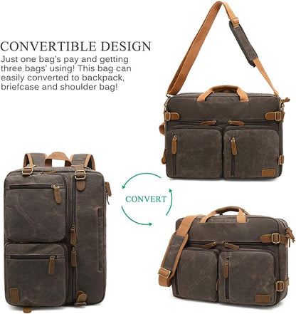CoolBELL Laptop Messenger Bag Vintage Shoulder Bag Convertible Backpack Retro Briefcase Versatile Travel Bag Fits 17.3 Inch Laptop For Men Business (Waxed Canvas Brown)