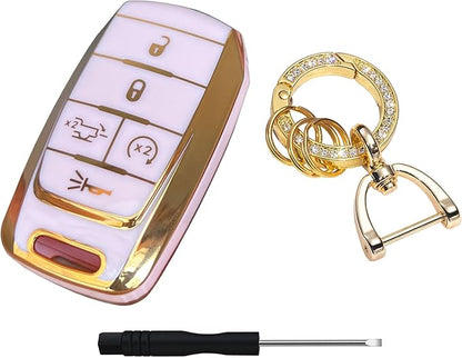 Key Protective Shell for RAM Key Fob Cover with Keychain Fit for RAM 1500 2500 3500 Smart Key Case Accessories (5-Button-Pink-Gold)