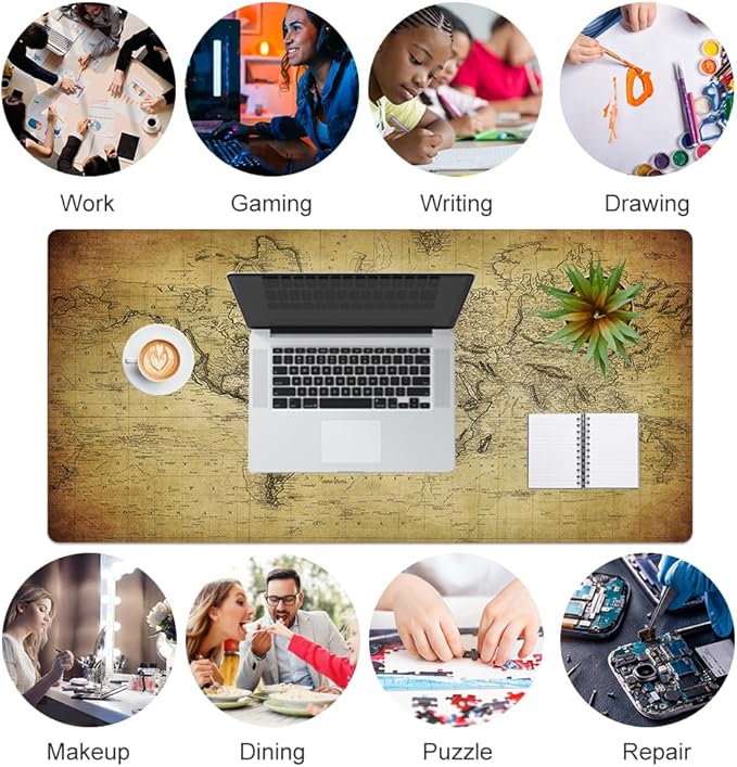 QiyI Large Desk Pad, Vintage Mouse Pad Desktop Decor, Waterproof PU Leather Desk Cover Protector, Desk Accessories for Office Home Work Writing Gaming 31.5" x 15.7" - World Map 1814