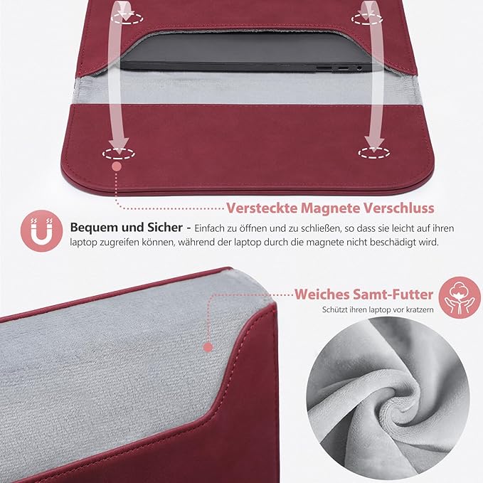 HYZUO 13.3-14 Inch Laptop Sleeve Case for MacBook Pro 14 M5/M4/M3/M2/M1 Pro/Max A3426 A3427 2026-2021, 13.3" MacBook Air/Pro, 13.5-13.8 Surface Laptop, HP Envy 13, Faux Suede Leather, Wine Red