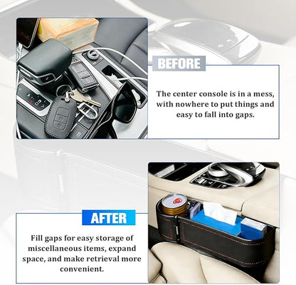 Car Seat Gap Filler Organizer with Cup Holder Expander, Leather Console Seam Filler Storage Box, Auto Front Seat Gap Organizer for Phones Keys Glasses, Universal Fit (Black/Red Driver)