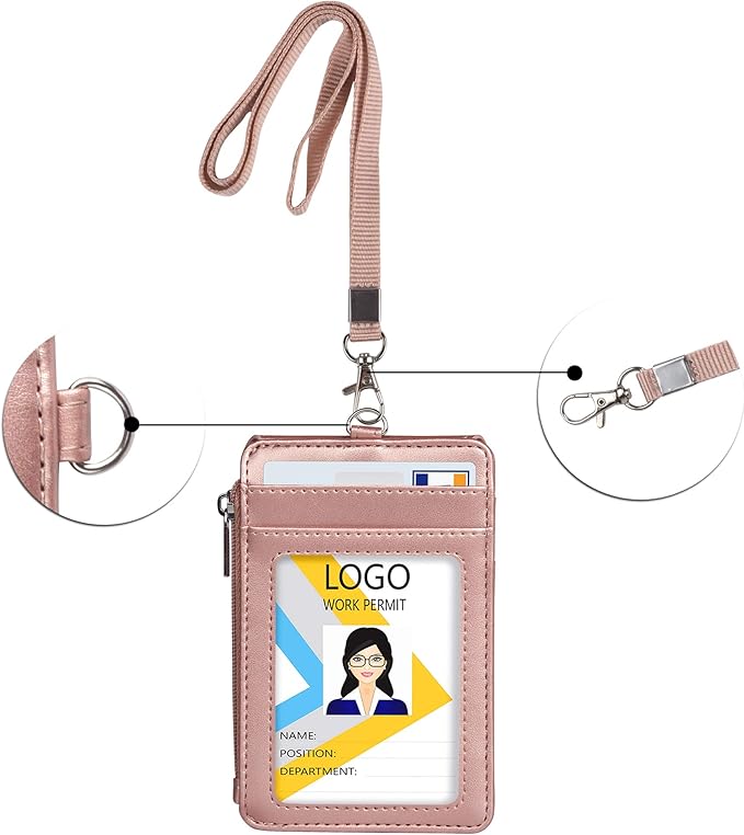 Teskyer Badge Holder with Side Zip Pocket, Multiple Card Slots Leather ID Holder Wallet with Neck Lanyard for Office Staffs, Teachers/Students, Couriers, Workers, Rose Gold