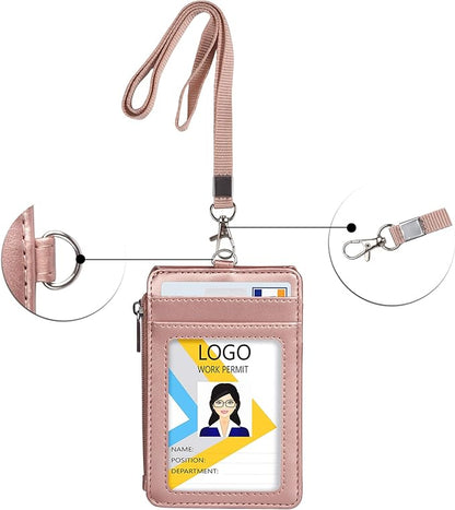 Teskyer Badge Holder with Side Zip Pocket, Multiple Card Slots Leather ID Holder Wallet with Neck Lanyard for Office Staffs, Teachers/Students, Couriers, Workers, Rose Gold
