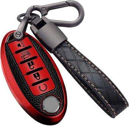 Montague Key Fob Cover for Nissan with Keychain Accessories, Premium TPU Full Protection Key Case for Altima Rogue Sentra Maxima Armada Pathfinder Murano, for Infiniti Key Shells (5-Buttons, Red)