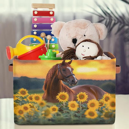 Animal Horse Sunflower Square Storage Basket Bin Canvas Fabric Compressible Organizer Basket with Handle for Bedroom Nursery Office, 1PCS