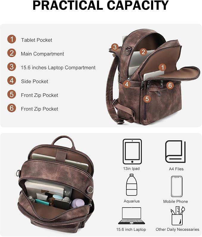 FADEON 15.6 inch Laptop Backpack Purse for Women Designer PU Leather Computer Backpacks Fashion for Work Travel Coffee Brown