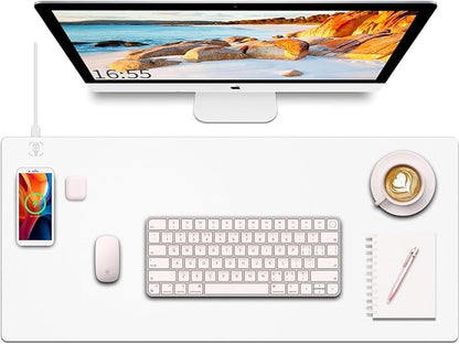 Desk Mat with Wireless Charging, White Mouse Pad with Wireless Charger, Desk Pad Matt for Desktop, Mousepad Gaming Large Mouse Pad, Leather Compute for Keyboard and Mouse, 32" x 16"