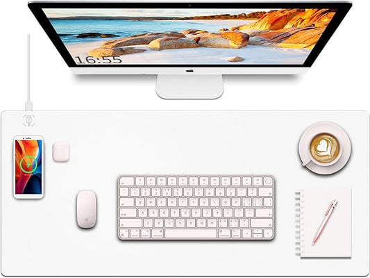 Desk Mat with Wireless Charging, White Mouse Pad with Wireless Charger, Desk Pad Matt for Desktop, Mousepad Gaming Large Mouse Pad, Leather Compute for Keyboard and Mouse, 32" x 16"