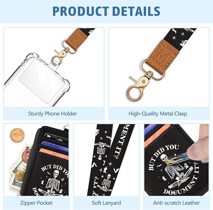 Piefly Goth Skeleton Lanyard Wallet with ID Badge Holder, Small RFID Wallet Women Keychain Wristlet, Slim Credit Card Holder with Zipper Pocket Phone Lanyard Wrist Strap Name Tag Office Teacher Gift