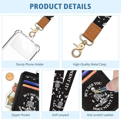 Piefly Goth Skeleton Lanyard Wallet with ID Badge Holder, Small RFID Wallet Women Keychain Wristlet, Slim Credit Card Holder with Zipper Pocket Phone Lanyard Wrist Strap Name Tag Office Teacher Gift
