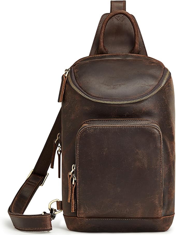 S-ZONE Sling Bag for Women Men Genuine Leather Vintage Crossbody Chest Bags Backpack Daypack Outdoor Travel