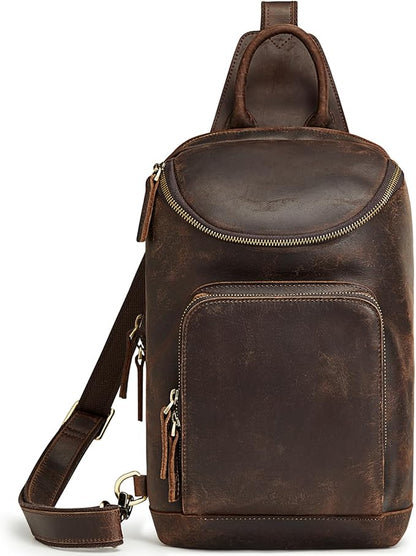S-ZONE Sling Bag for Women Men Genuine Leather Vintage Crossbody Chest Bags Backpack Daypack Outdoor Travel
