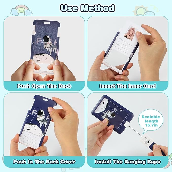 Cute ID Badge Holder with Clip Badge Reels and Lanyards with Badge Reel with 15 inches Pull Cord for School, Teacher, Student, Women, Men (Astronaut)