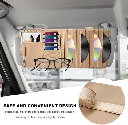 Sun Visor CD Case Holder for Car, Leather Auto Visor DVD Storage Case with Card Slots & Pen Holder, Multi-Pocket Large Capacity CD Layered Organizer for Most Vehicles (Beige)
