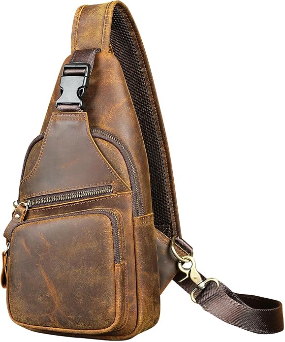 NIUCUNZH Genuine Leather Sling Bag Front Metal-Latch Crossbody Bags Handmade Vintage Chest Shoulder Backpack for Women Men