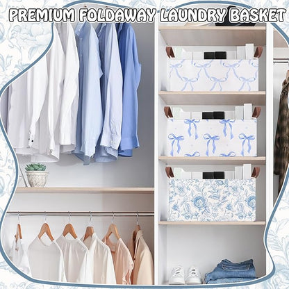 Boao 3 Pcs Blue Bow Storage Bin Collapsible Large Storage Baskets for Gifts Empty Candy Holiday Decor Canvas Laundry Basket Foldable Box with Handle for Office Home Bedroom Clothes