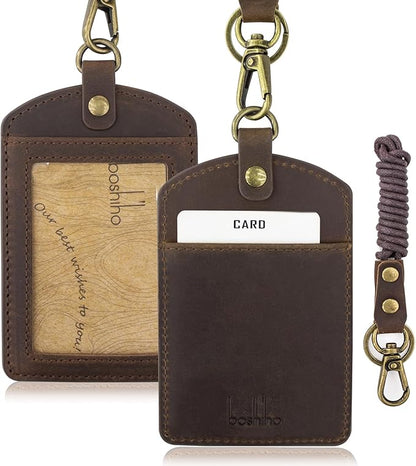 Badge Holder: Boshiho Cowhide Leather ID Badge Card Holder with 19" Neck Lanyard, Vertical Style (Dark Brown)