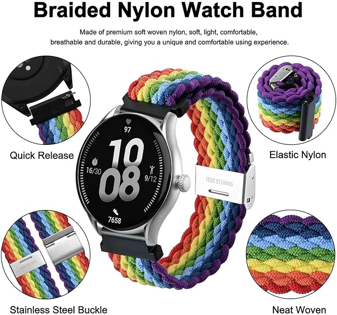 WOCCI 22mm Braided Nylon Watch Band for Men and Women, Quick Release, Silver Stainless Steel Buckle (Multicolor)