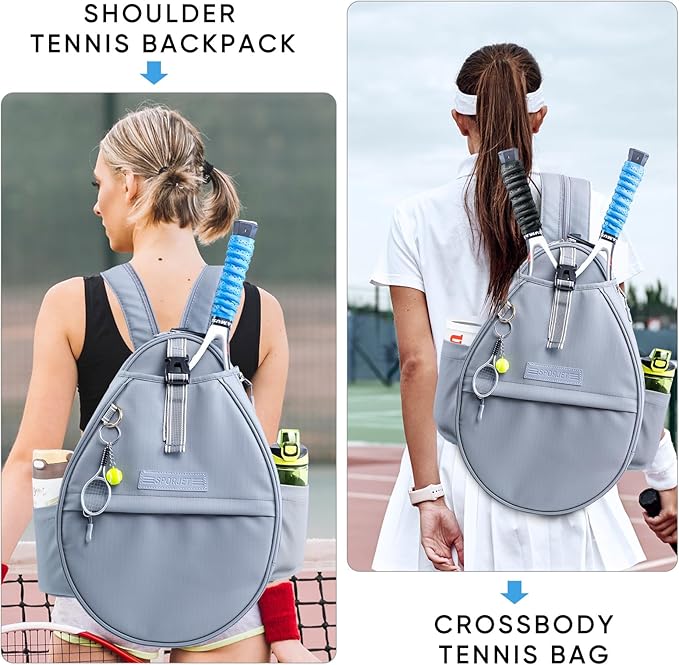 Tennis Backpack with 2 Rackets Holder, Water-Resistant PU Leather Tennis Racket Bag for Women & Men, Sling Crossbody Sports Backpack for Tennis, Pickleball & Badminton, Tennis Gifts
