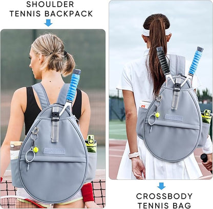 Tennis Backpack with 2 Rackets Holder, Water-Resistant PU Leather Tennis Racket Bag for Women & Men, Sling Crossbody Sports Backpack for Tennis, Pickleball & Badminton, Tennis Gifts