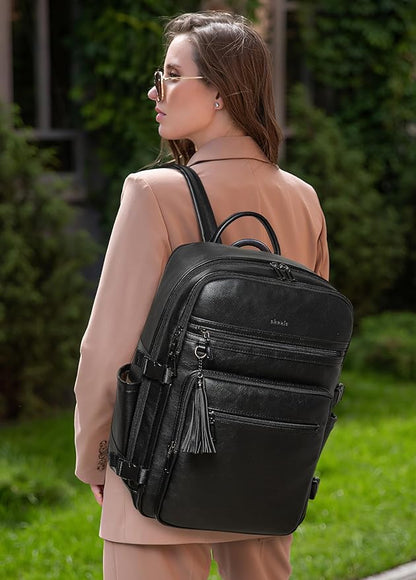 Shrrie Laptop Backpack for Women,Vegan Leather Backpack Work Computer Backpacks fits 16" Laptop,Water Resistant Teacher Nurse Casual Daypack for Weekender Camping Travel,Two-toned Black