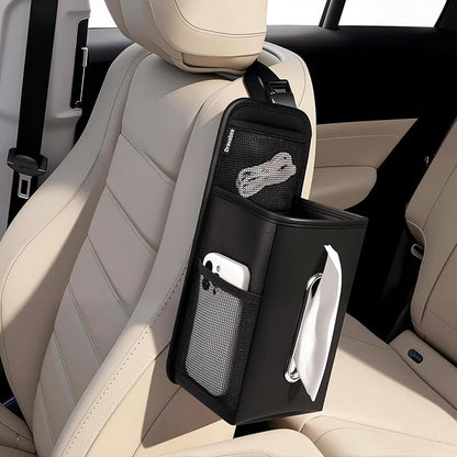 Car Tissue Holder for Kleenex 60/120/160/180 Count,Rectangular Car Storage Box, Side Mount Organizer with 3 Mesh Pockets, Hanging Bag, Waterproof PU Leather, for Front and Back Seat