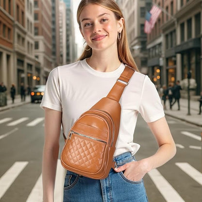 Crossbody Bags for Women Men,Leather Sling Bag Cross Body Backpack for Women, Casual Chest Bag Daypack for Travel Hiking,Brown