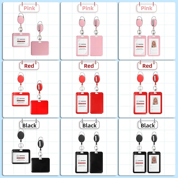 ID Badge Holder with Clip Badge Reels Retractable Heavy Duty Id Card with Carabiner Badge Reel with 24 inches Pull Cord for Office, School, Factory, Teacher (Red, Vertical)