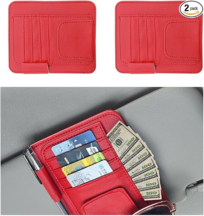 Augeny 2 PCS Car Sun Visor Organizer, Small Auto Visor Organizer and Storage, Registration and Document Holder for Sunglasses, Card, Pen, Driver License, Car Accessories (Red)