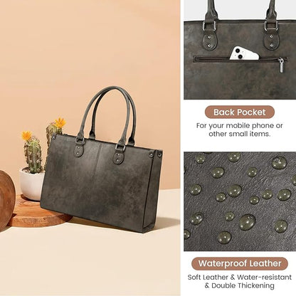 LOVEVOOK Laptop Tote Bag for Women, 15.6 Inch Large Capacity Vintage Leather Work Computer Bag, Business Casual Shoulder Handbag, Black Coffee