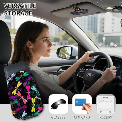 Sunglasses Holder for Car Visor, PU Leather Glasses Clip Organizer, Cute Magnetic Eyeglass Holder for Vehicle Sun Visor, Car Interior Accessory for Women & Men Colorful Dragonfly Glow