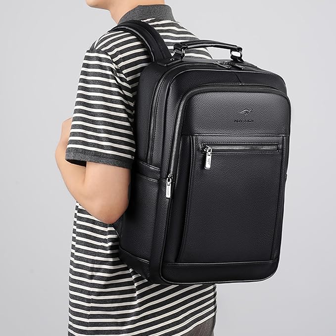 CHAO RAN Laptop Backpack for Men Leather Travel Backpack Carry on Flight Approved-Waterproof Medium Backpack Fit 15.6 Inch Notebook for College Business Office Bag with USB Charging Port (Black14)