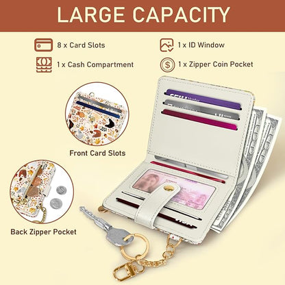 Jogjam Chicken Mushroom Leaves Rfid Women Wallet, Small Slim Thin Compact Credit Card Wallet, PU Leather Bifold Cash Wallet, Zipper Coin Pocket ID Window, Female Ladies Holiday Gifts