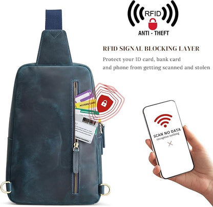 S-ZONE Sling Bag for Men Women RFID Blocking Genuine Leather Crossbody Shoulder Bag Backpack Hiking Daypack Travel | RFID Blocking, Genuine Leather, Hiking Daypack, Travel