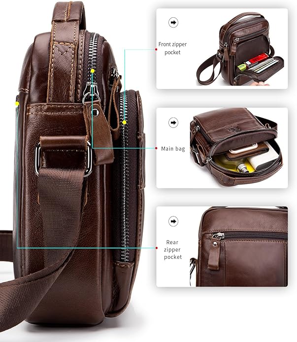 Men's Vinatge Leather Crossbody:Compact with Organized Pockets,Stylish & Functional for Everyday Carry