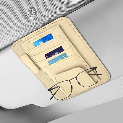 Small Leather Sun Visor Organizer, Visor Accessories, Multi-Pocket Sunvisor Storage with Sunglass Holder, Car Organizer for Drving License Card Pen Fits Most Vehicles (Beige)