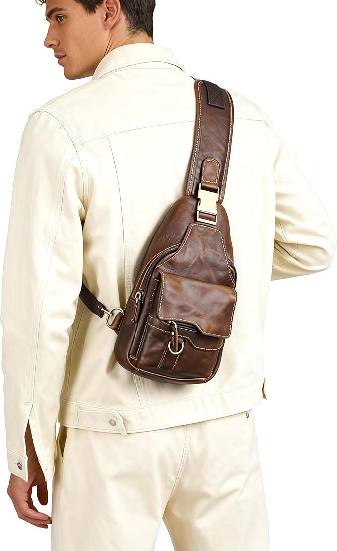 Genuine Leather Hiking Travel DayPack Sling Crossbody Triangle Chest Pack Bag For Men Women 8241 (8241 Dark Coffee)