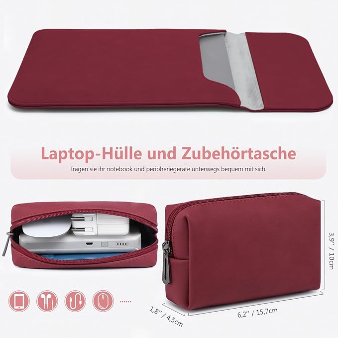 HYZUO 13.3-14 Inch Laptop Sleeve Case for MacBook Pro 14 M5/M4/M3/M2/M1 Pro/Max A3426 A3427 2026-2021, 13.3" MacBook Air/Pro, 13.5-13.8 Surface Laptop, HP Envy 13, Faux Suede Leather, Wine Red