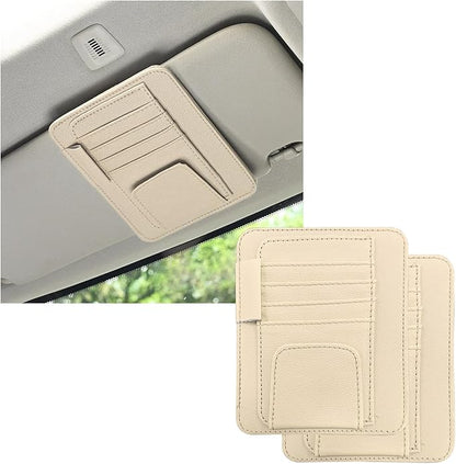 Dickno 2PCS Small Leather Car Sun Visor Organizer, Multifunctional Auto Visor Document Holder with Sunglasses Clip, Universal Car Interior Organizer for Drving License, Card, Pen (Beige)