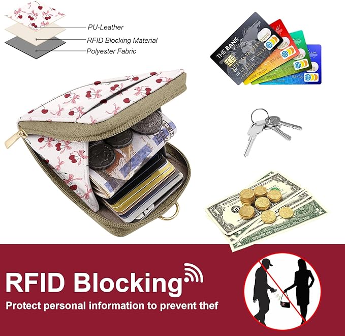 PU Leather Lanyard Bow-Tied Cherries Wallet with ID Badge Holder with 1 Zip Pocket and 3 Card Slots Keychain for Office School Business