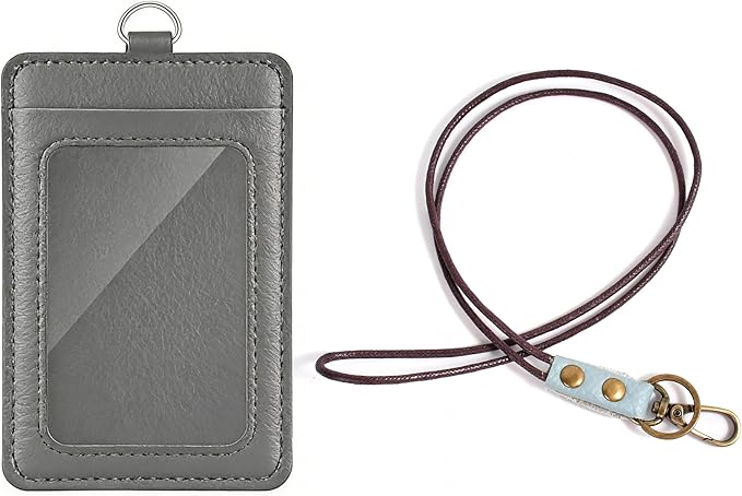 Leather ID Badge Holder with Lanyard for Women and Men, Vertical ID Card Holder, 2 Card Slots, 21 Inch Neck Lanyard for Work, School, Office