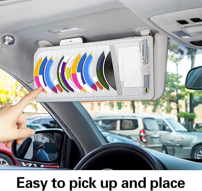 TIESOME CD Case Holder for Car, DVD Vehicle Visor Storage Organizer Large Capacity CD Visor Case Car Sun Visor Organizer with 12 DVD Storage Sleeves 1 Mesh Pocket 1 Pen Holder and Elastic Strap (Grey)