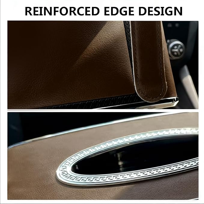 Leather Car Tissue Box for Car Interior, Multi-Function Tissue Holder with Visor Clip, Armrest & Back Seat Napkin Organizer, Vehicle Tissue Dispenser Accessories (Brown Hanging)