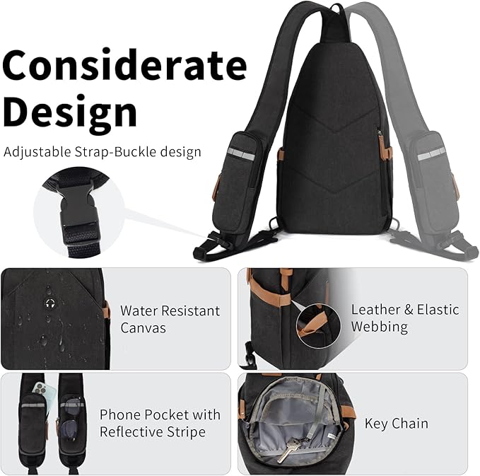 OSOCE Sling Bag for Men, Anti Theft Crossbody with Tunnel Lock, Waterproof Canvas Shoulder Backpack for Travel Hiking Daily