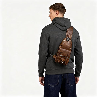 Thick Crazy horse Leather Triangle Crossbody Sling Chest Bag Travel One Shoulder Bag Daypack For Men Male 3028