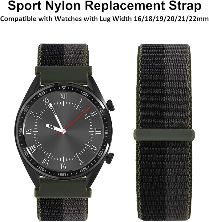 WOCCI 22mm Adjustable Nylon Watch Band, Quick Release Sport Loop Strap (Black/Grey)