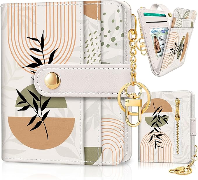 Jogjam Abstract Boho Leaves Rfid Ladies Wallet, Small Slim Thin Compact Credit Card Women Wallet, PU Leather Bifold Cash Zipper Coin Pocket ID Window for Female